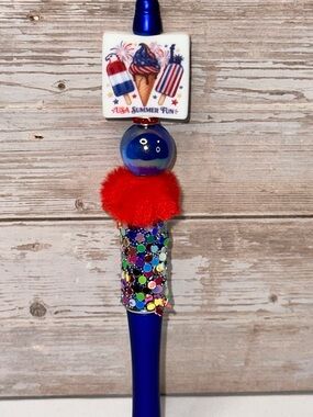 Patriotic Blue Decorative Ballpoint Pen with Red Pom Accent